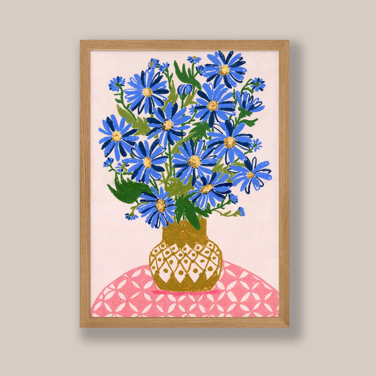 Blue daisies flower bouquet in yellow vase  - limited edition wall art
