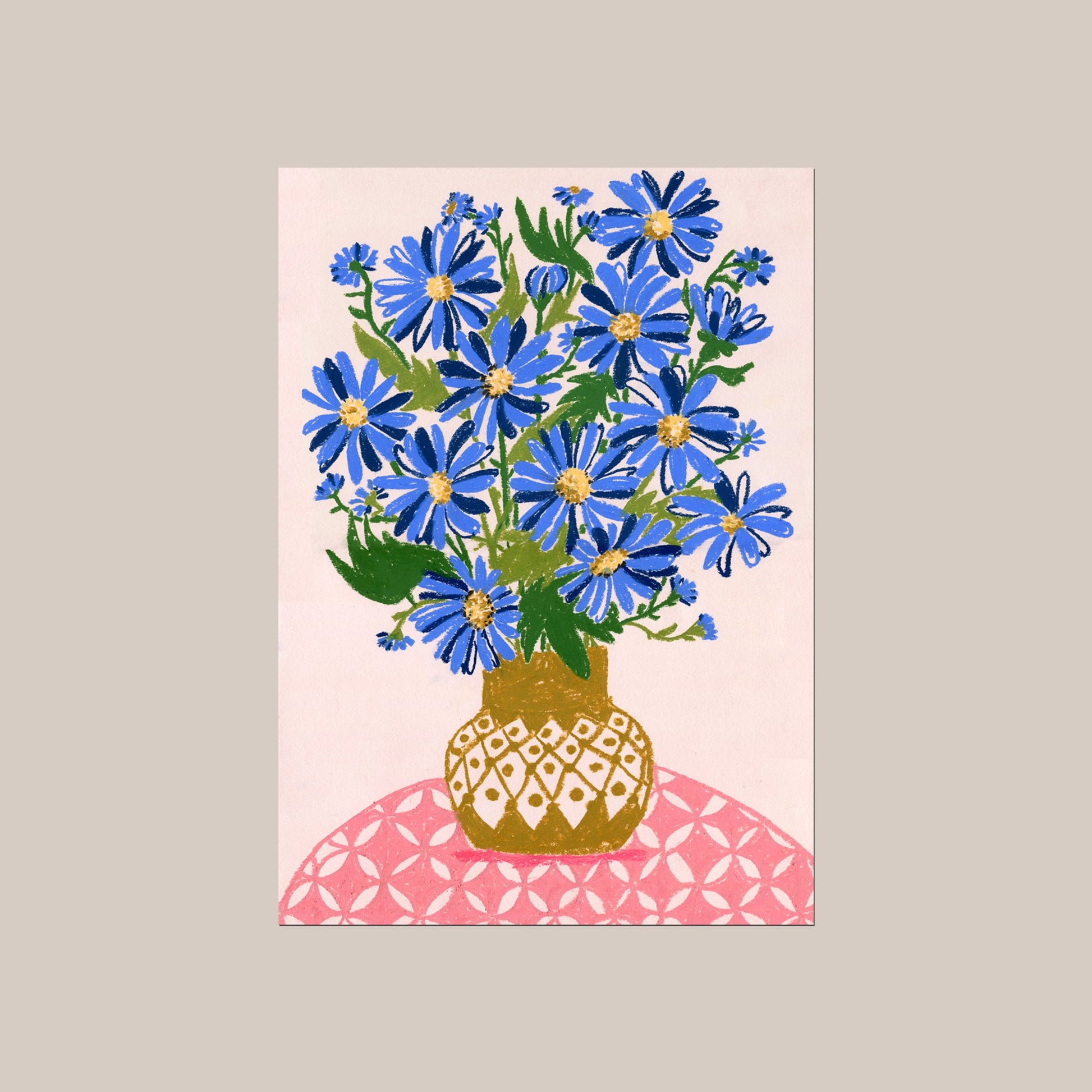 Blue daisies flower bouquet in yellow vase  - limited edition wall art