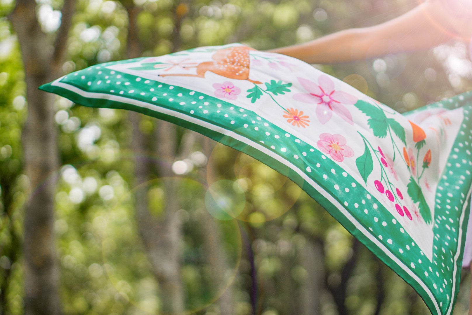 Deer Garden Silk Twill Scarf / Green