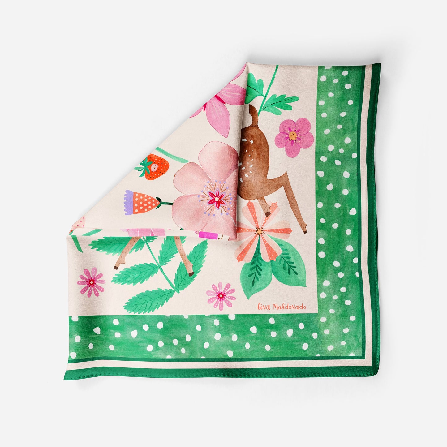 Deer Garden Silk Twill Scarf / Green