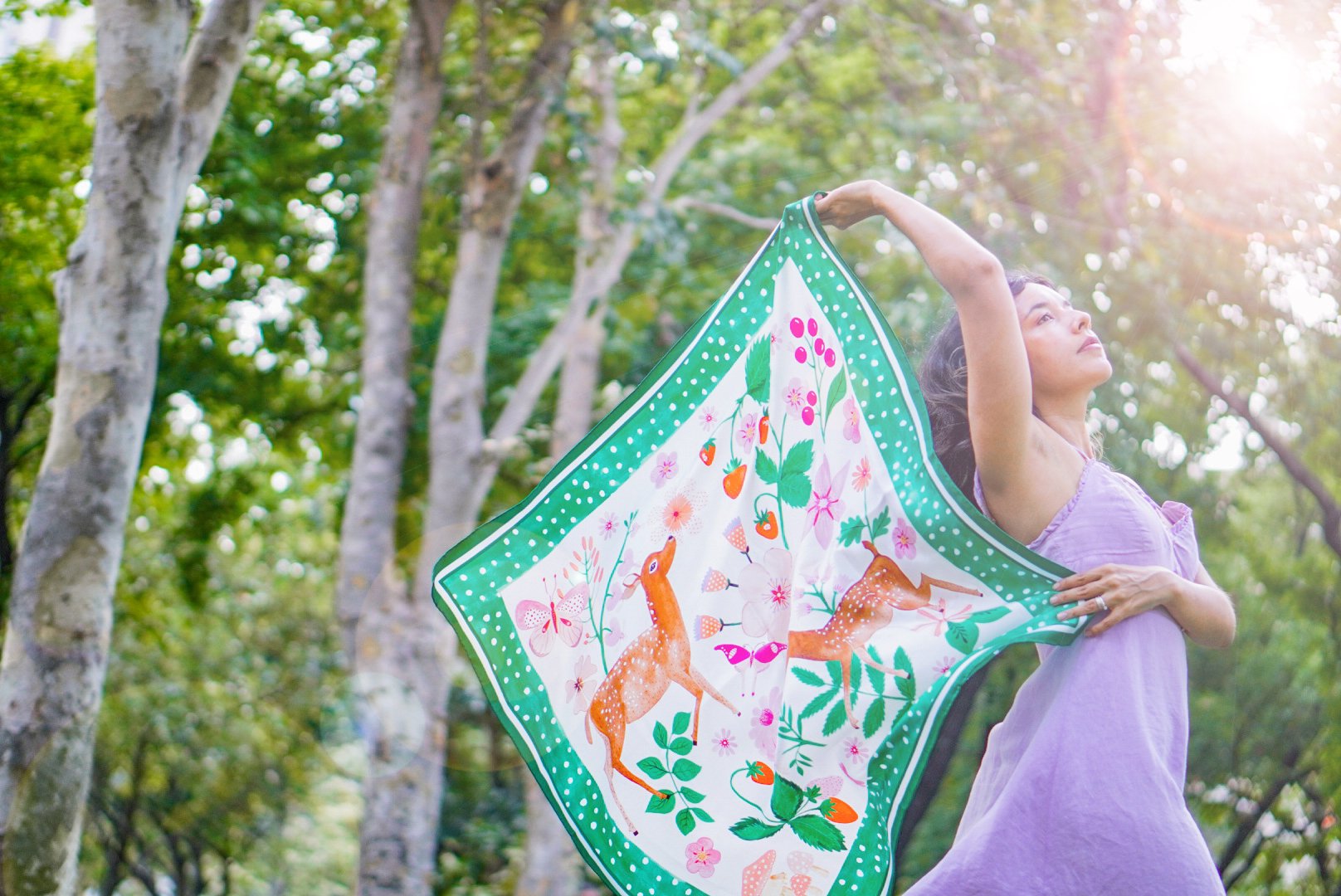 Deer Garden Silk Twill Scarf / Green
