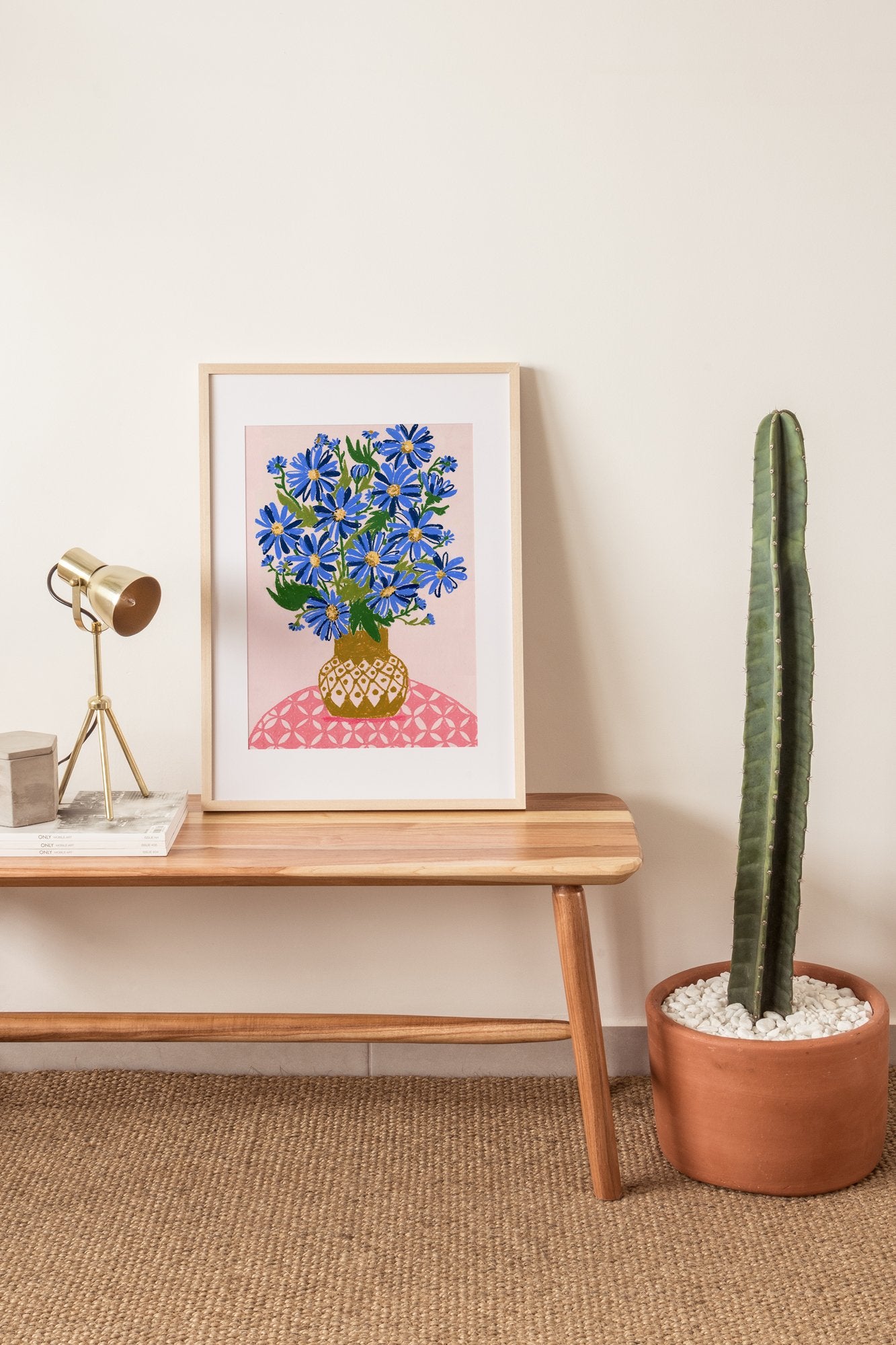 Blue daisies flower bouquet in yellow vase - limited edition wall art