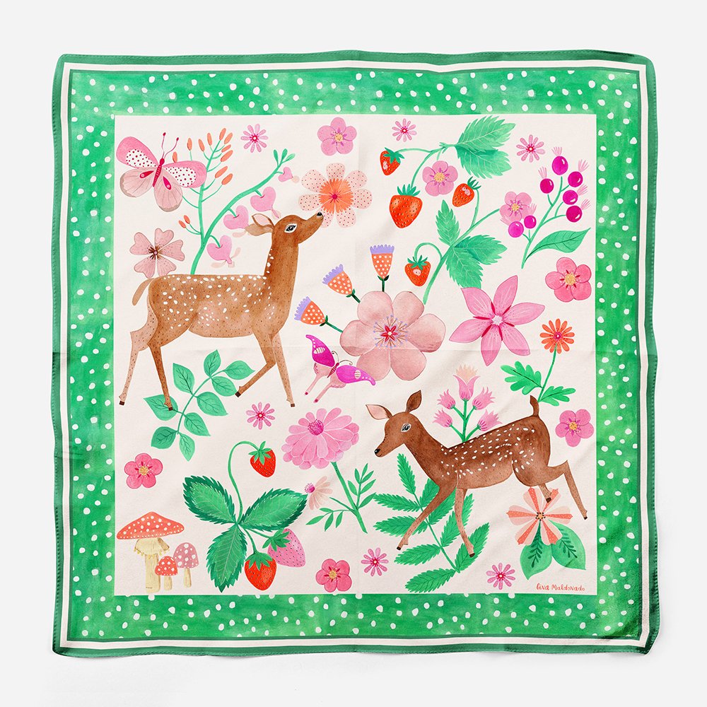 Deer Garden Silk Twill Scarf / Green