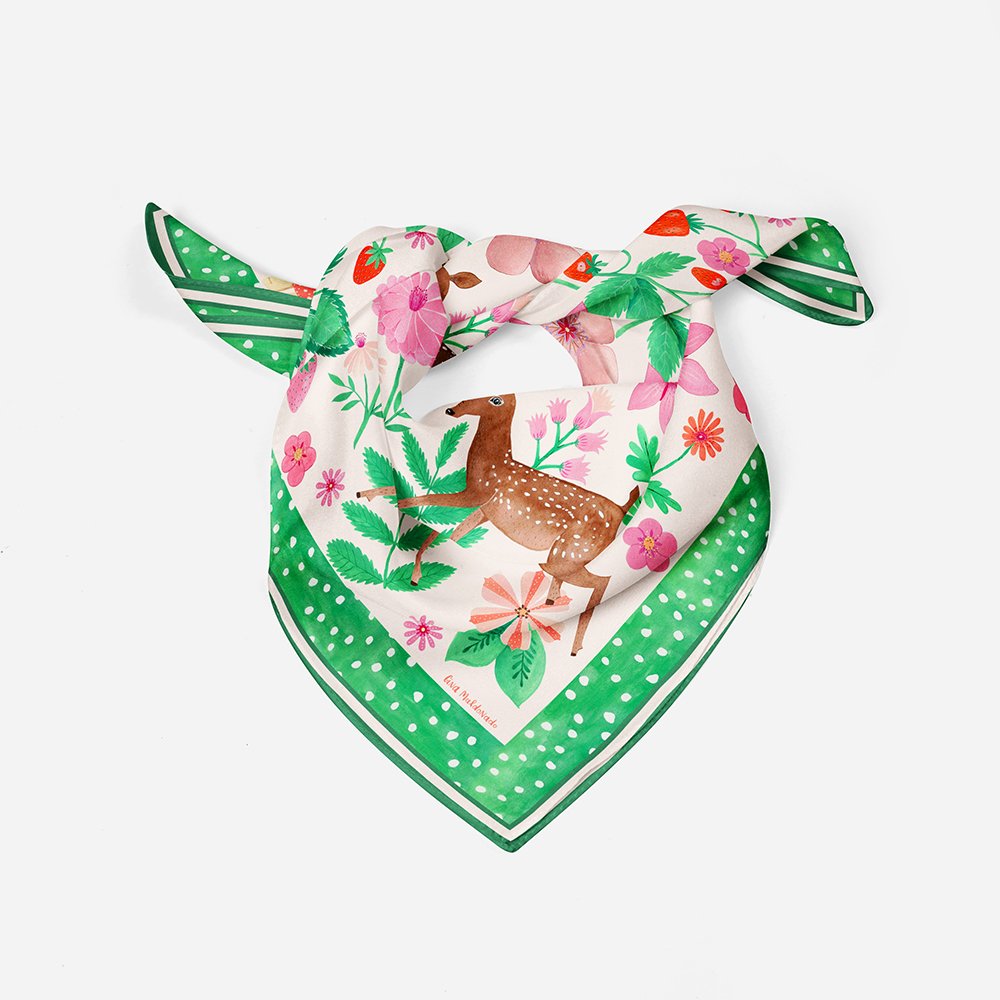 Deer Garden Silk Twill Scarf / Green