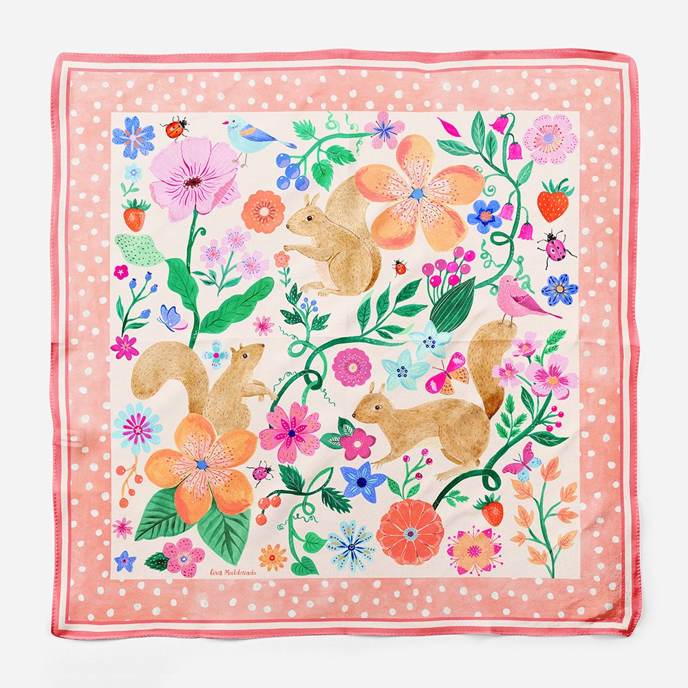 Squirrel Garden Silk Twill Scarf / Pink