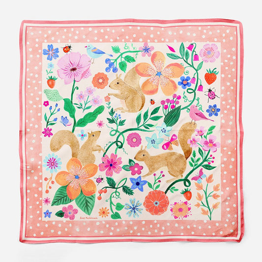 Squirrel Garden Silk Twill Scarf / Pink