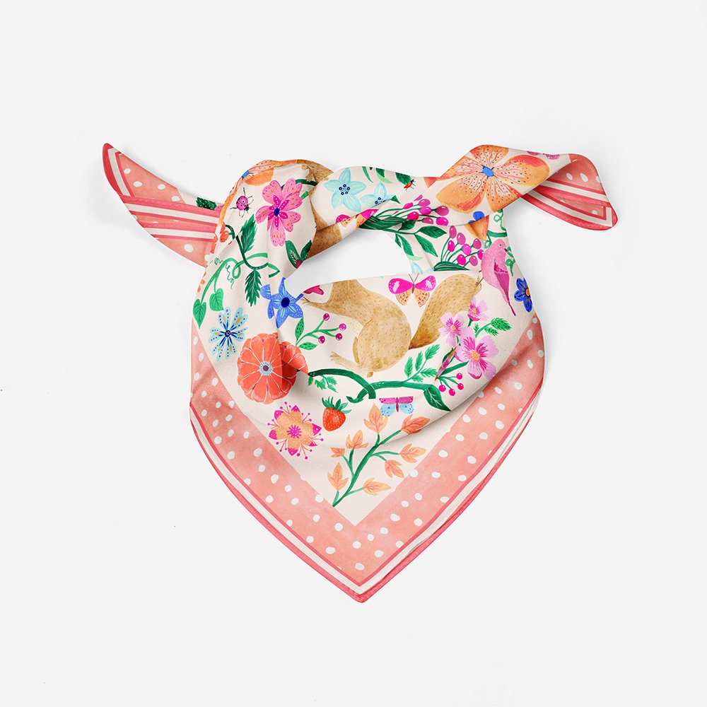 Squirrel Garden Silk Twill Scarf / Pink