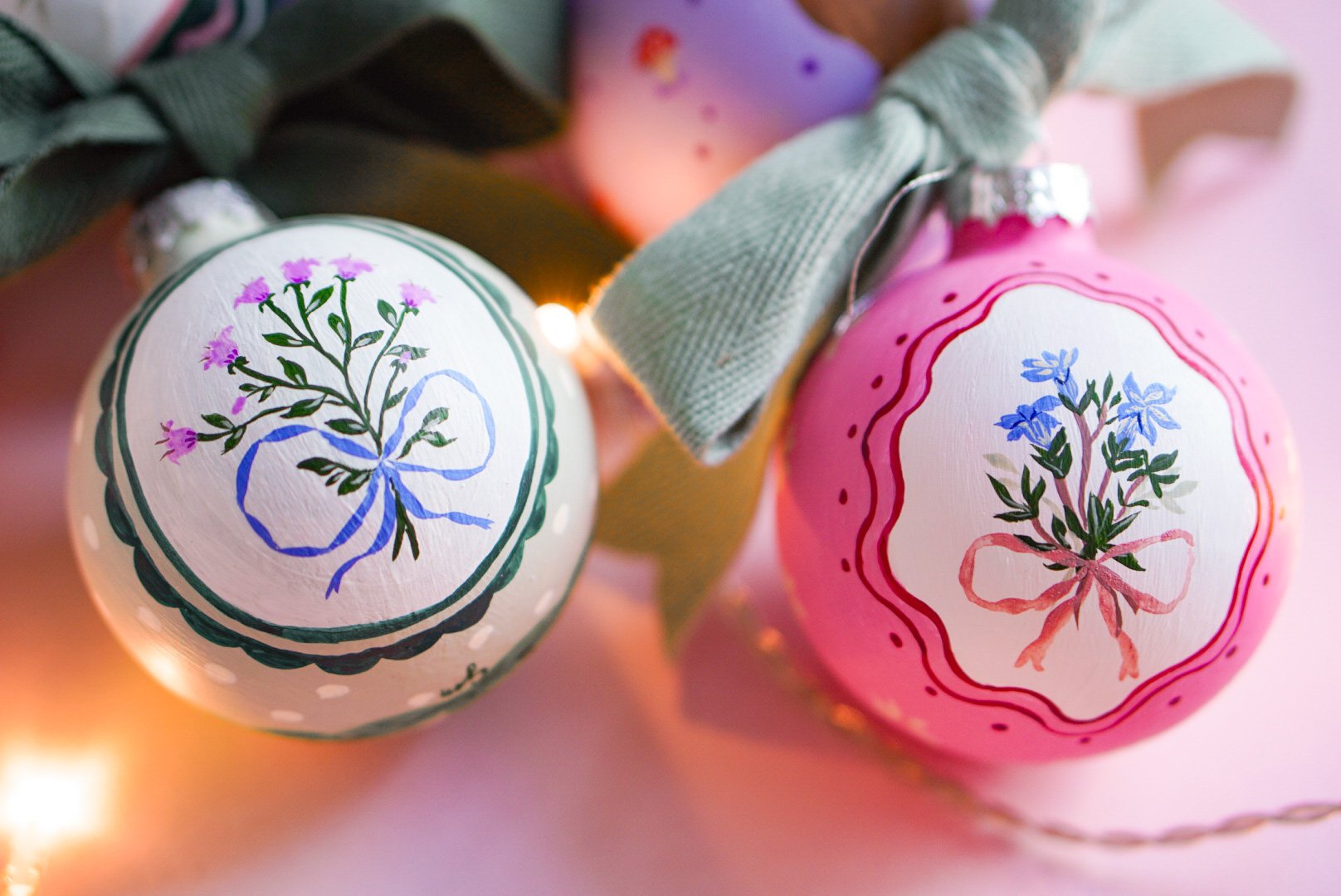 Christmas ornament - lilac flowers bouquet with blue ribbon