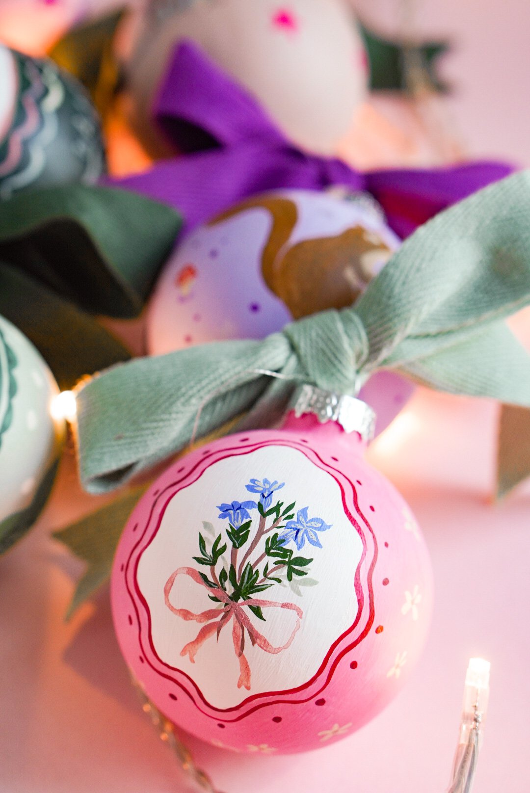 Christmas ornament - blue flowers with ribbon