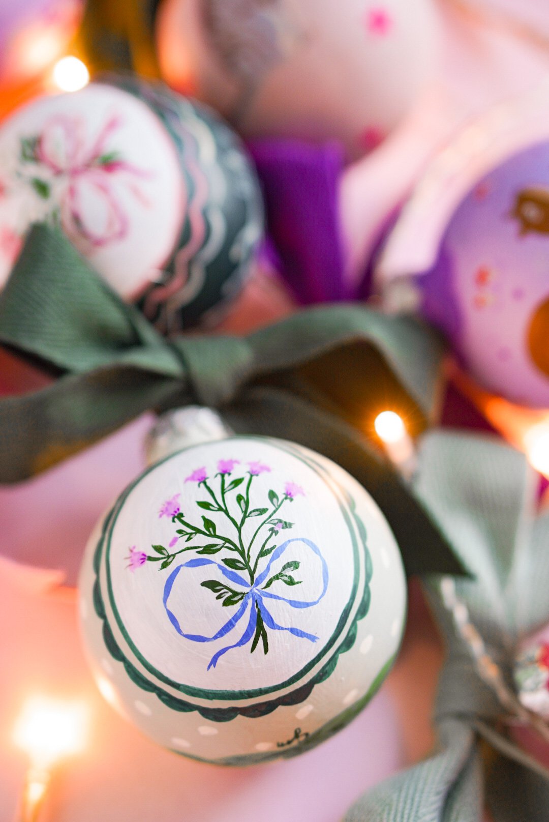 Christmas ornament - lilac flowers bouquet with blue ribbon