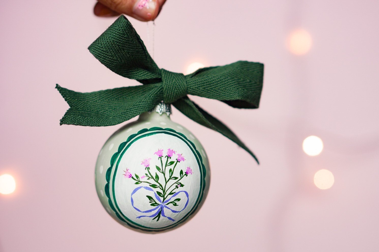 Christmas ornament - lilac flowers bouquet with blue ribbon