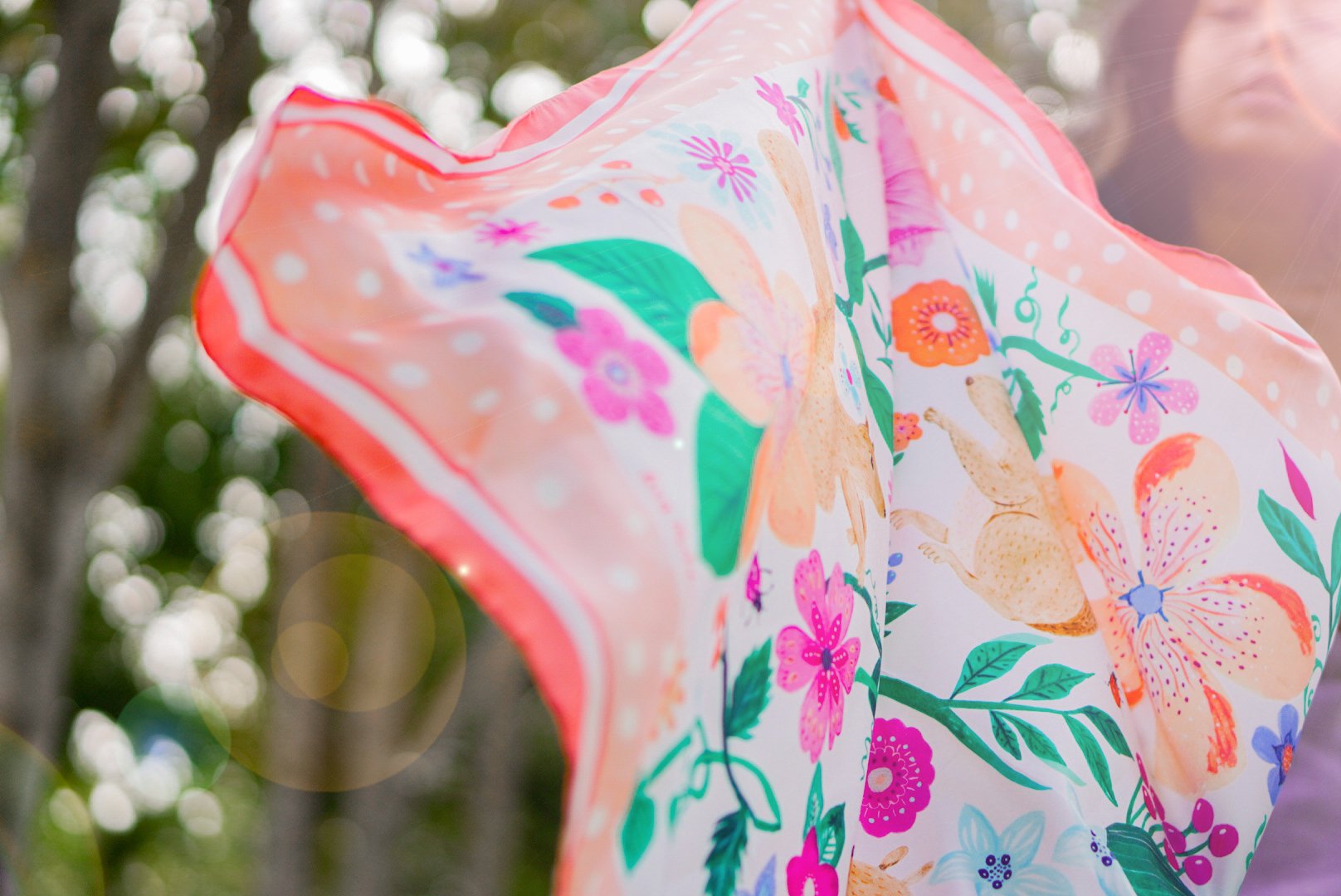 Squirrel Garden Silk Twill Scarf / Pink