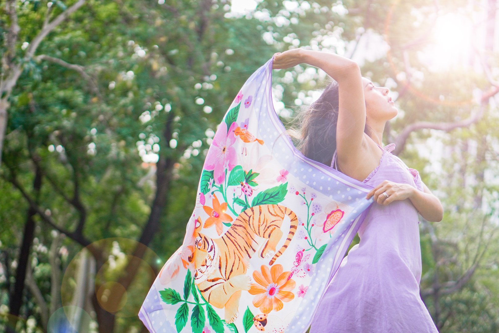 Tiger Garden Silk Scarf / Purple