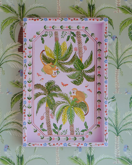 Squirrel Monkeys Perched on Palm | Hand-painted Tray
