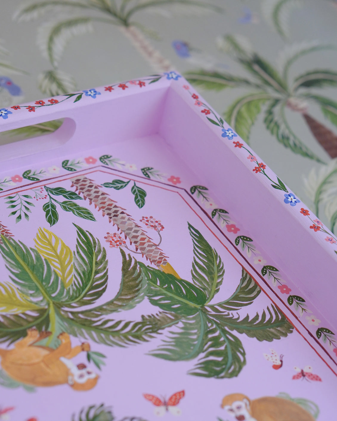Squirrel Monkeys Perched on Palm | Hand-painted Tray