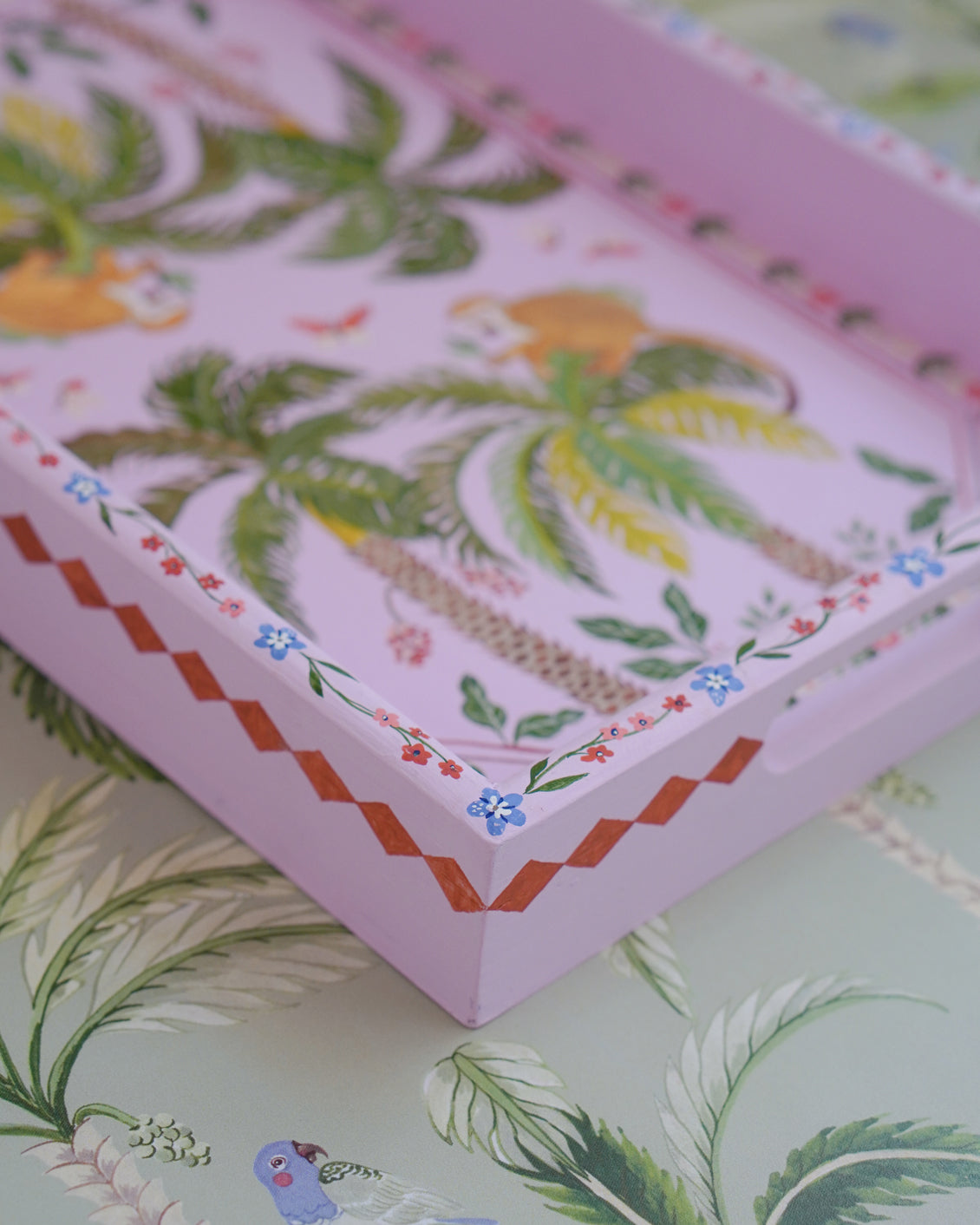 Squirrel Monkeys Perched on Palm | Hand-painted Tray